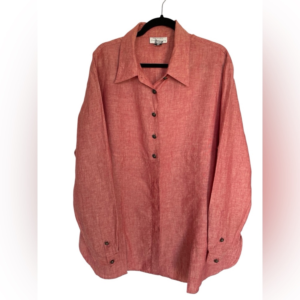 100% Linen Blouse Button Up Shirt Top Coral Women’s 2x Plus Size Janine Dray